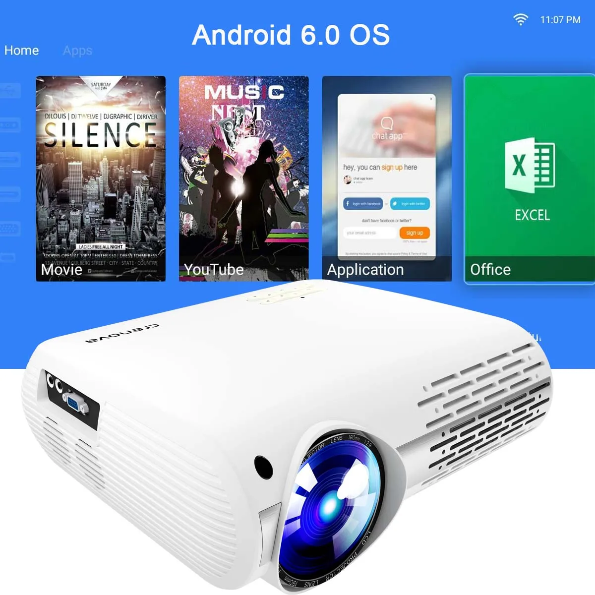 XPE660 UP CRENOVA самая высокая яркость Android проектор 6500 люмен Android 6,0 OS с wifi Bluetooth HDMI VGA AV USB видео проектор - Цвет: XPE660 UP