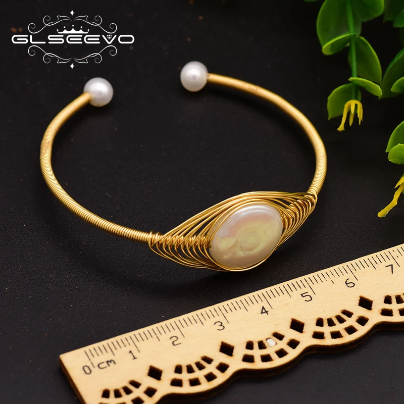 

GLSEEVO Original Design Handmade Natural Fresh Water Pearl Bracelet For Women Wedding Open Bangle Fashion Jewelry 2020 GB0113