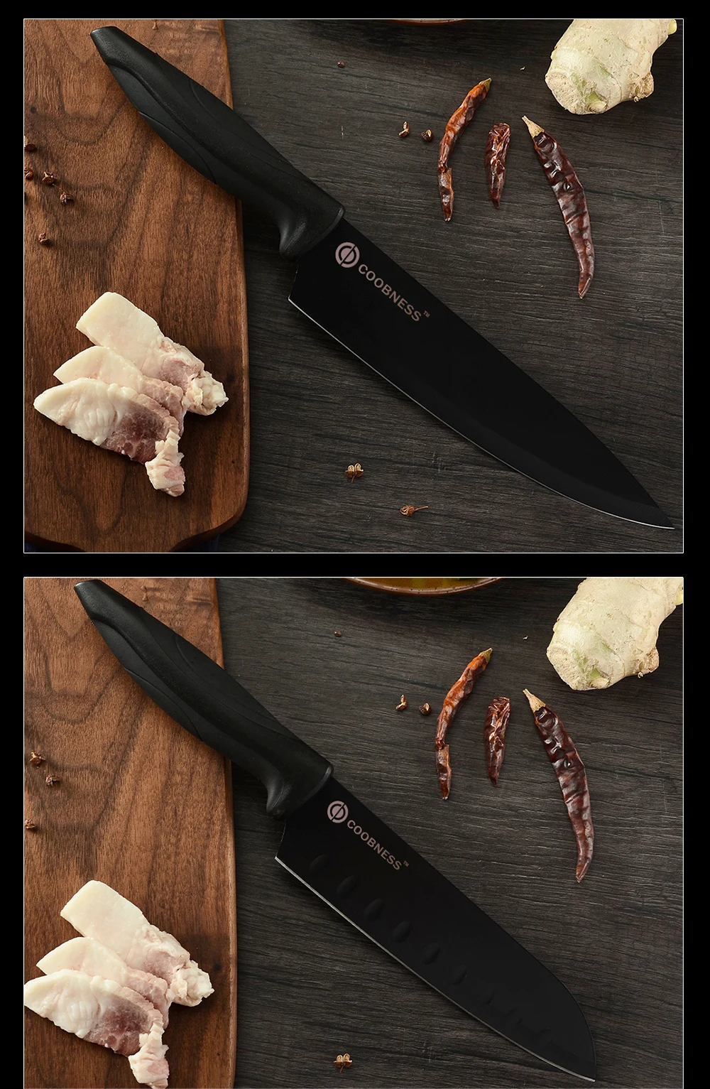 Кухонные ножи COOBNESS, профессиональный нож шеф-повара, нож Santoku, овощерезка, ножи, слайсер для нарезки сосисок, 3Cr13, стальные Черные ножи, наборы