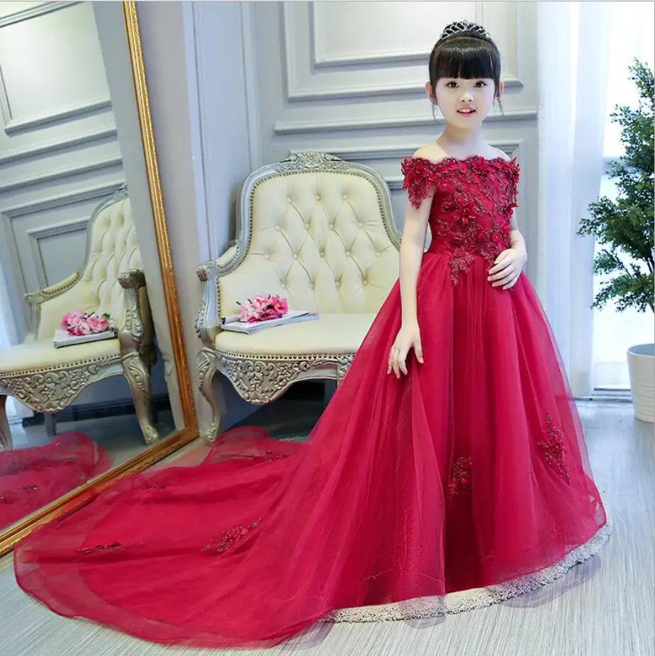 

High Quality Long Trailing Flower Girl Dress for Party Pageant Princess Wedding Baby Girl Baptism Gown First Communion Dress