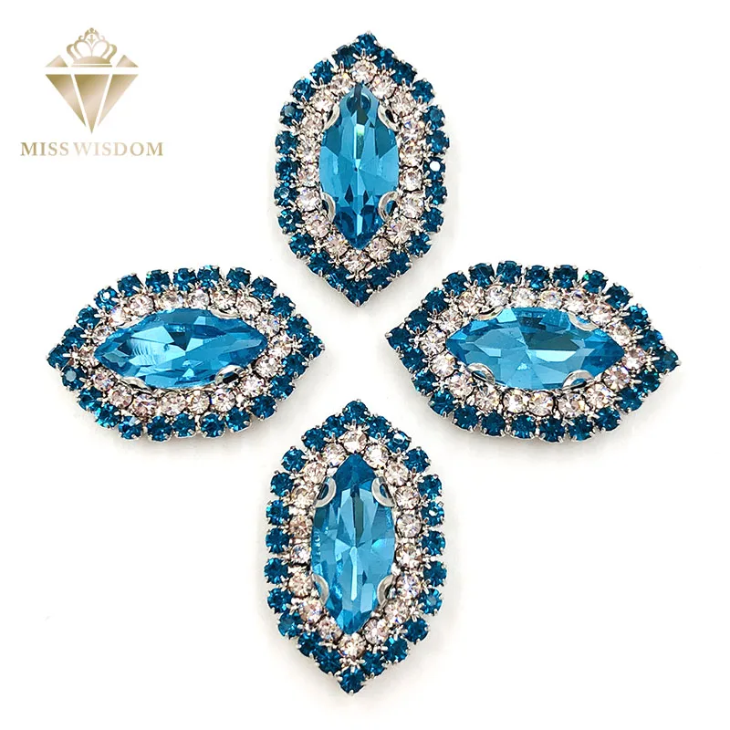 

NEW HOT 10pcs glass Lake blue rhinestone+Lake blue chain leaf shape sew on rhinestones crystal button Diy jewelry accessories