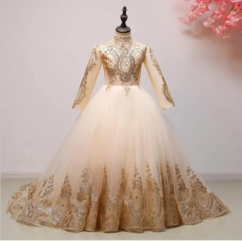 Gold Sequin Lace Flower Girl Princess Dress Long Sleeve Trailing Party Wedding Toddler First Communion Gown | Детская одежда и