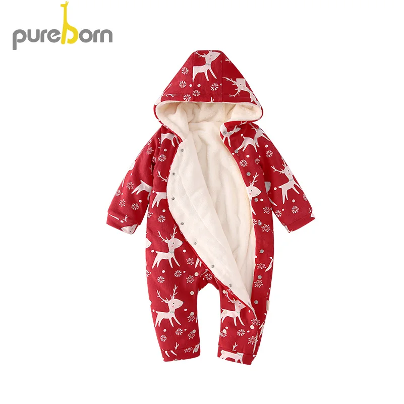 Pureborn/Одежда для новорожденных девочек; Рождественский комбинезон; комбинезон для маленьких мальчиков с рисунком оленя; флисовая подкладка; детская зимняя одежда; костюм