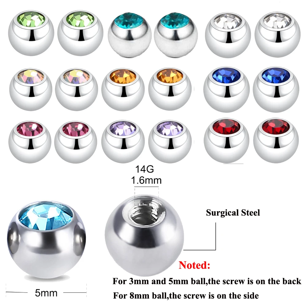 1PC Crystals Screw 14G 16G Tongue Labret Eyebrow Horseshoe Belly Rings Earrings Replacement Balls Piercing Body jewelry