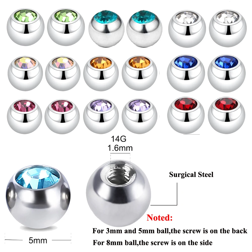 

1PC Crystals Screw 14G 16G Tongue Labret Eyebrow Horseshoe Belly Rings Earrings Replacement Balls Piercing Body jewelry