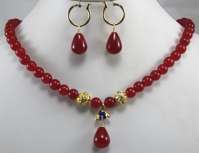 

hot sell new - designed 8mm red jadenecklace match waterdrop stone earrings&pendant necklace jewelry set for valentine's day gi