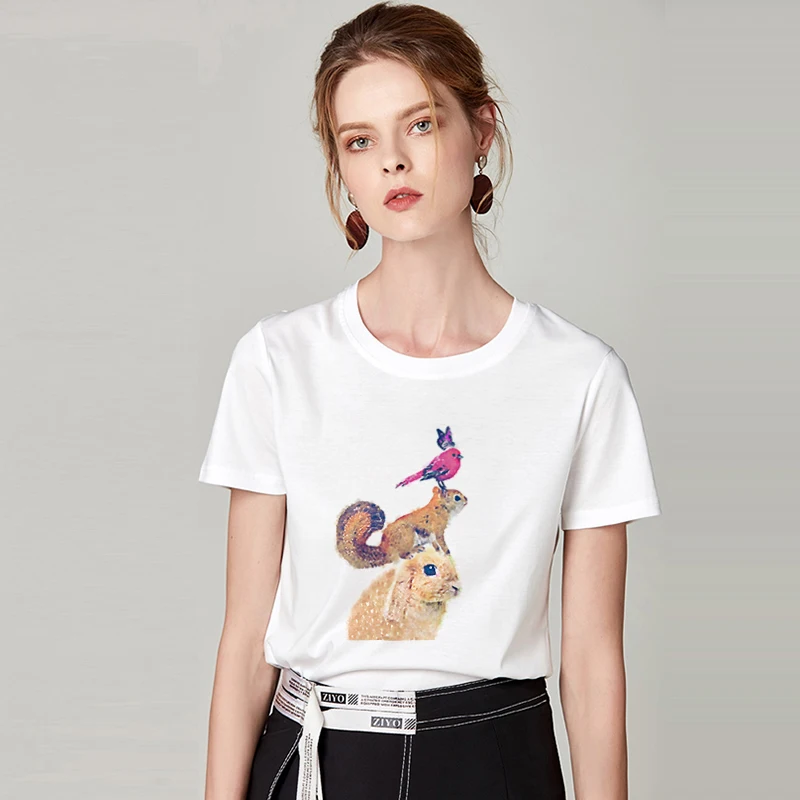 Женская футболка с принтом птицы и орла белая Харадзюку круглым вырезом коротким