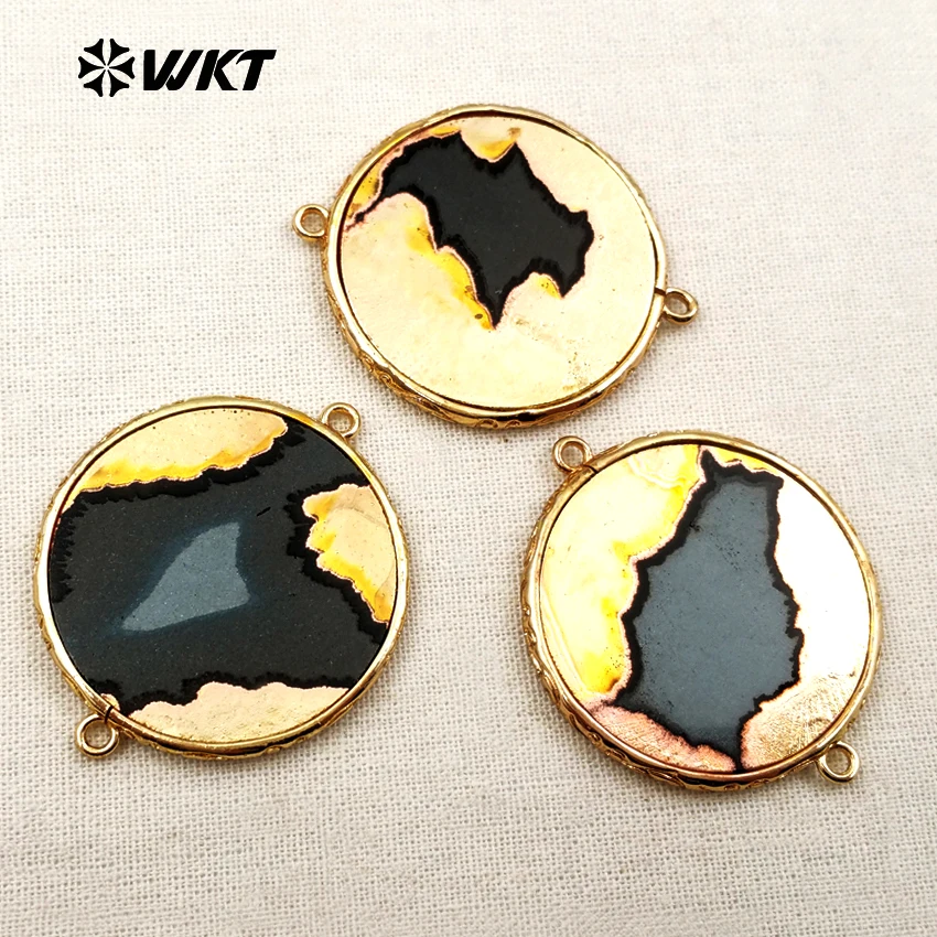 

WT-C234 Fashion connectors round shape pendant Unique design natural stone slice gold metal on the surface for DIY jewelry