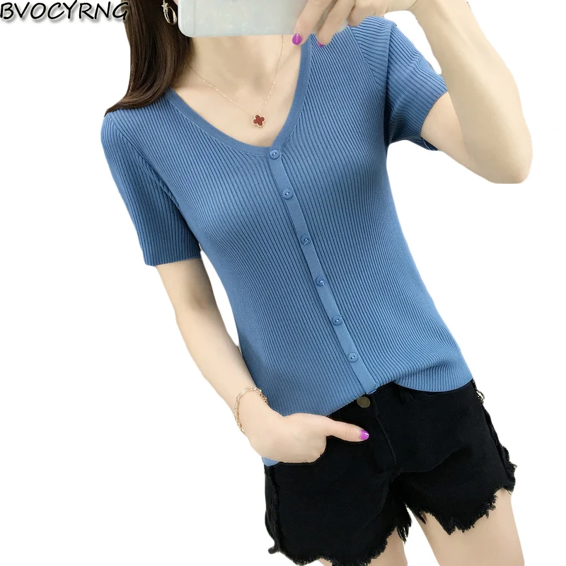 

Solid color summer Women T-shirt v-neck short-sleeved knit tops short Slim female T-shirt 2019 new women's casual shirt clothing