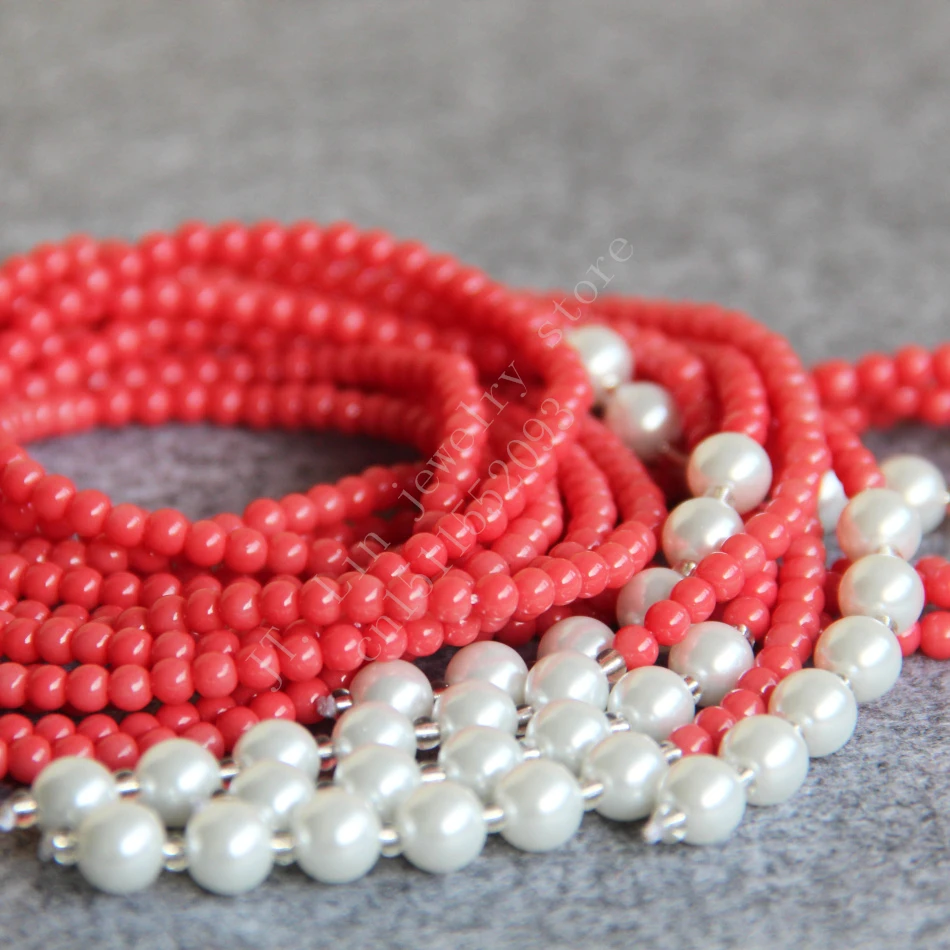 

women Fashion Jewelry New 3 Row 4-8mm Pink coral&glass pearl necklace,fashion charming women jewelry wholesale