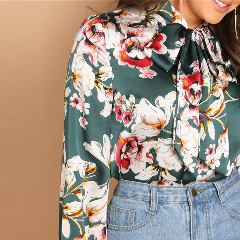 SHEIN Нарядная Атласная Блузка С Цветочным Принтом Блузка С Длинным Рукавом И Бантом