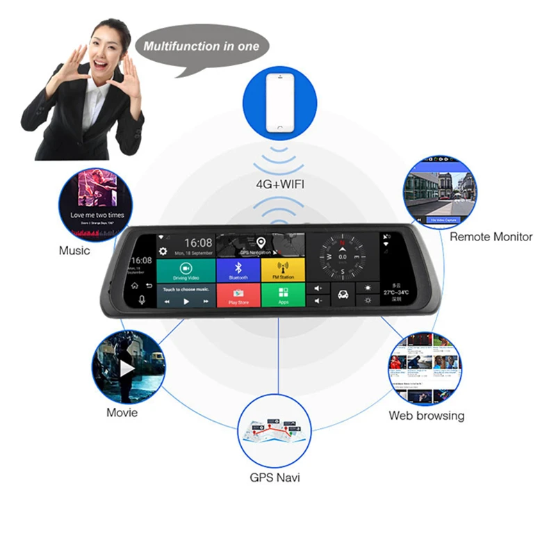 Зеркало видеорегистратор SLIVERYSEA 10 &quot Full Touch IPS 4G Android GPS Bluetooth Wi Fi ADAS с двумя