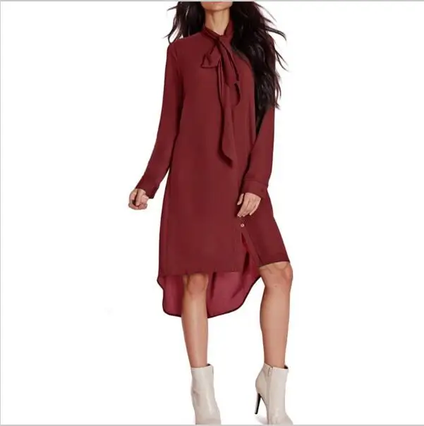 Женское платье рубашка с галстуком бабочкой повседневное свободное однотонное