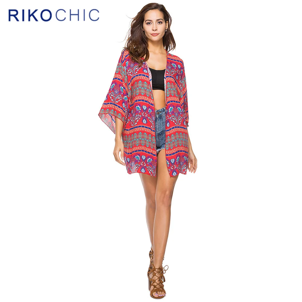 RIKOCHIC Boho Summer Sunscreen Women Tops Beach Gypsy Floral Printed Red Kimono Cardigan Chiffon Blouse C254 |