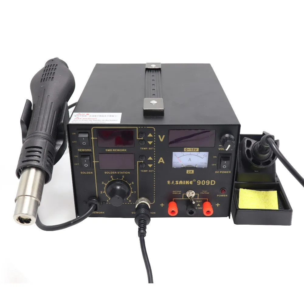 Saike 909D горячего воздуха пистолет паяльная станция с Регулируемый источник питания «Три в одном» многофункциональная паяльная станция 15V 2A