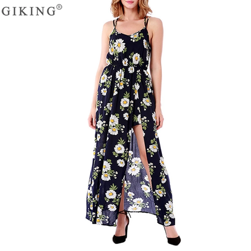 GIKING Women Floral Print Summer Dress High Split Fake 2 Pieces Sexy Shorts V-neck Maxi Party Boho Spaghetti Strap Vestido | Женская