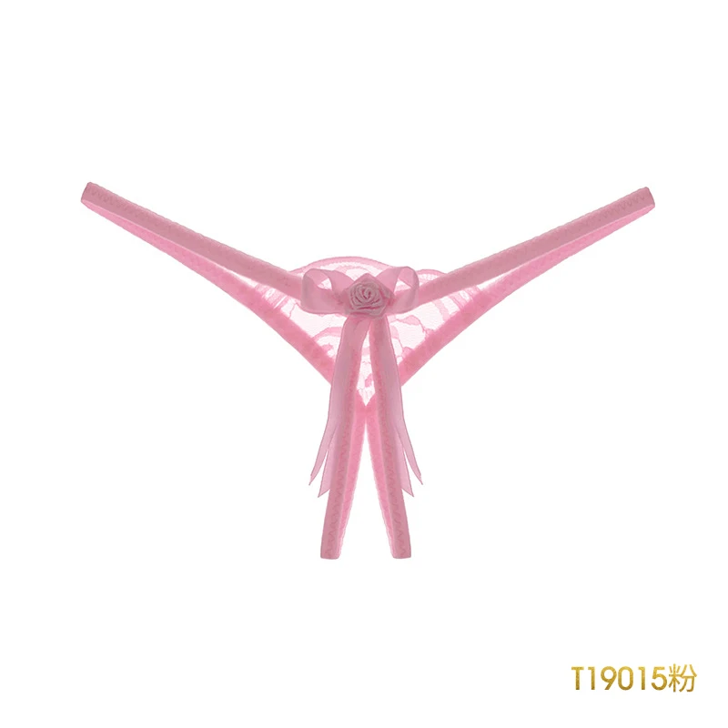 T19015 Pink JSY женские кружевные трусики с открытым шаговым швом красные ремешки без косточек короткие стринги с галстуком-бабочкой женские свободные размеры сексуальные T-back для секса - Цвет: T19015 Pink