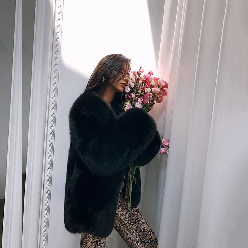 2019 New Women'S Fox Fur Coat Female Long Section Leather Suede Coat Classic European And American Black Fur Coat Thick Fur