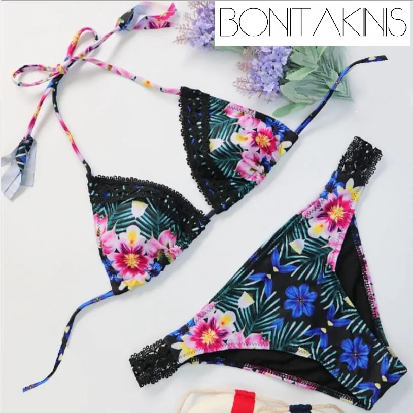 2018 Sexy Lace Swimsuits Printed Bikinis Set Bathing Suits Summer Beachwear Women Maillot De Bain Halter Bandage Swimwear |