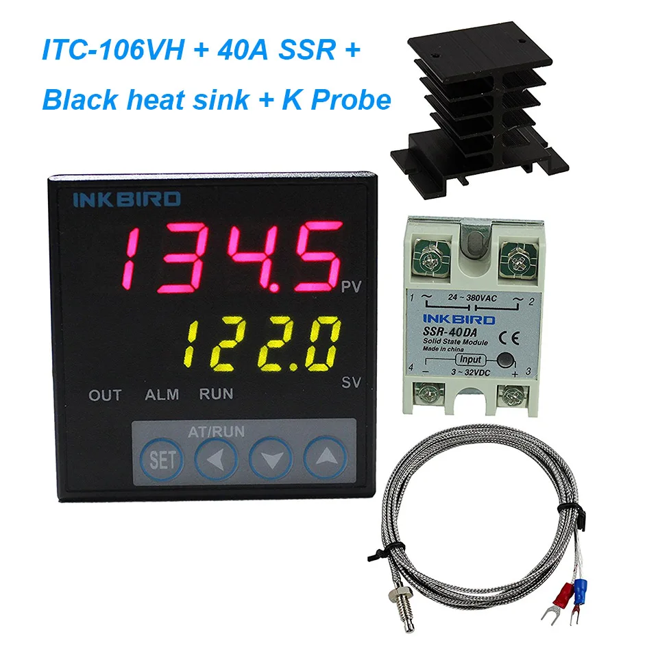 Inkbird ITC-106VH PID регуляторы температуры+ датчик K+ 40A SSR+ теплоотвод, твердотельное реле для Sous Vide, термопара k - Цвет: 40A SSR black