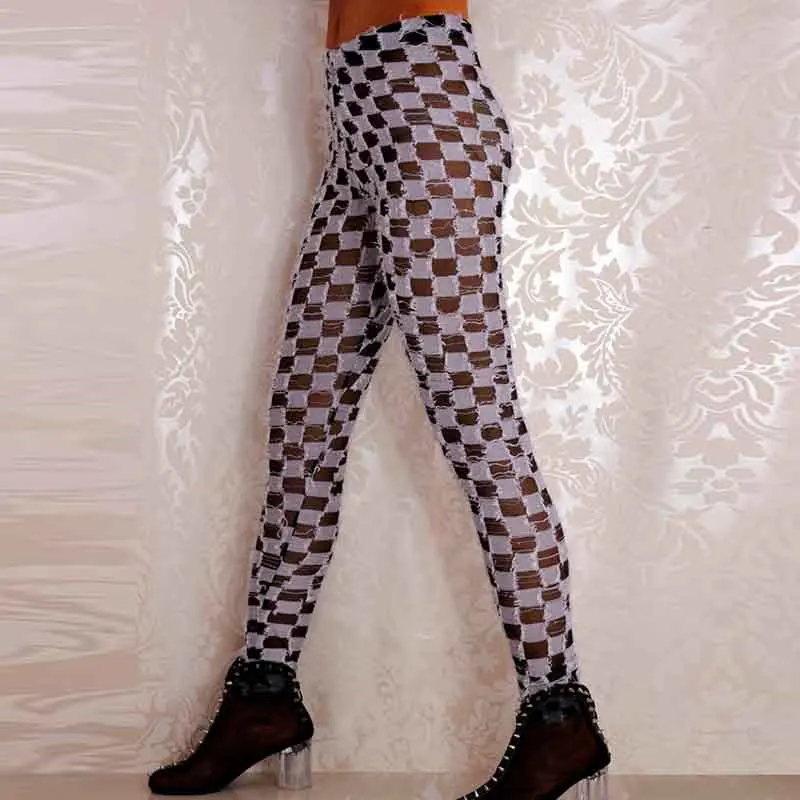 Sexy Women Sheer Pattern Skinny Leggings Femme Pants Grid Porcelain Geometry Pencil Leggings Plaid Casual Summer Trousers Women