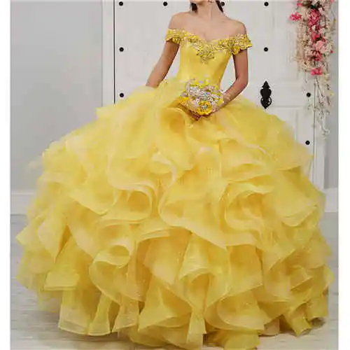 Vestido бальное платье желтое кружево с аппликацией бисером многослойное Пышное Платье Vestidos 15 Vestido De Quinceanera - Цвет: 1