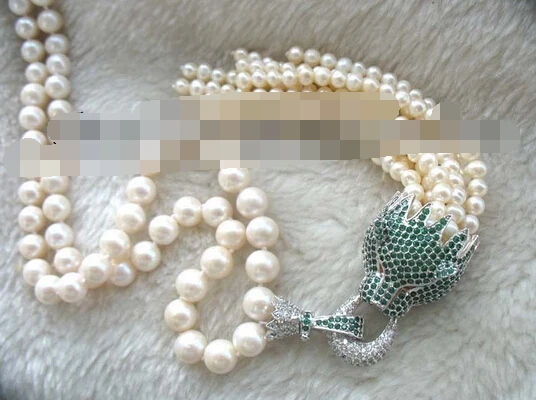 

FREE SHIPPING freshwater pearl white round green leopard clasp necklace 18"