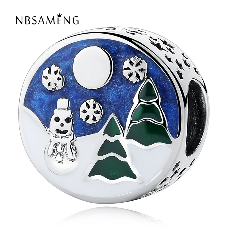 

New 925 Sterling Silver Charm Bead Blue Enamel Christmas Tree Santa Snowflake Beads Fits Original Bracelets DIY Jewelry