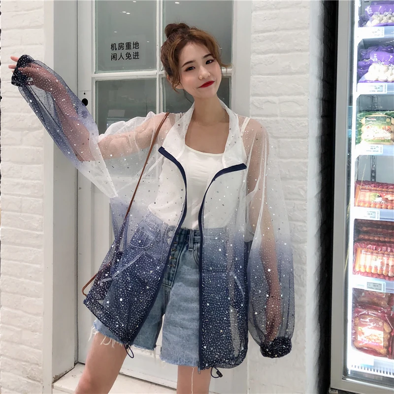 Harajuku солнцезащитное пальто, градиентная Женская куртка с блестками, женская тонкая куртка размера плюс, Женское пальто с длинным рукавом, прозрачная куртка