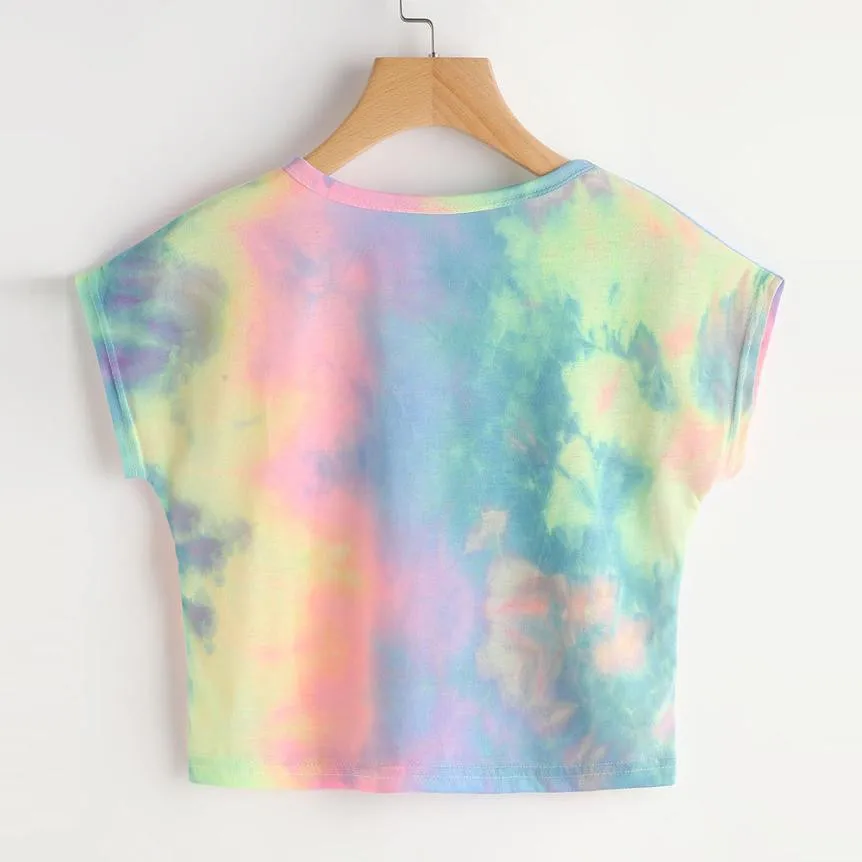 Женская Повседневная Свободная футболка с коротким рукавом и принтом Tie Dye, топы, блузы, летняя одежда для женщин, богемные летние топы для женщин