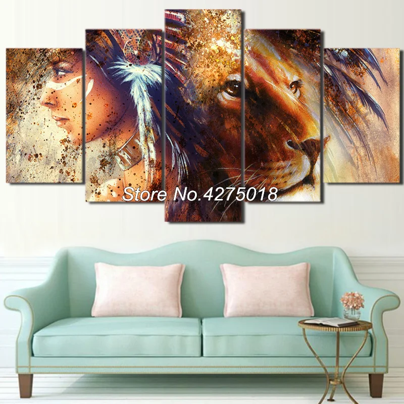 

DIY Diamond Painting Cross Stitch Kits Full Diamond Embroidery 5D Square Diamond Mosaic Decor Indian girls and lions 5pcs ML335