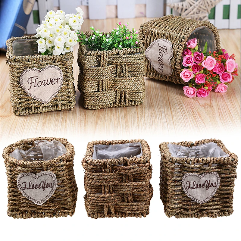 

WHISM Handmade Wicker Storage Basket Rattan Cosmetic Organizer Desktop Sundries Holder Flower Basket with Liner Home Storage
