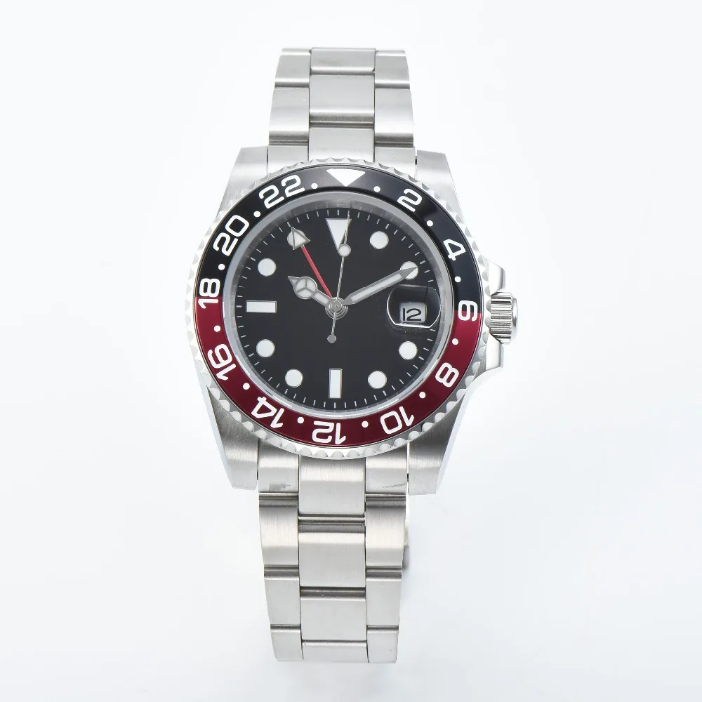 Автоматические наручные часы 40 мм GMT красный и черный ободок сапфировое стекло стерильный черный циферблат из нержавеющей стали для движения часов