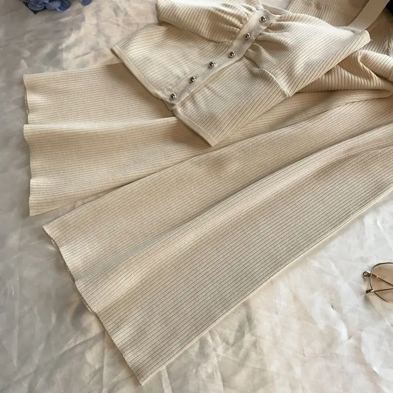 ALPHALMODA без рукавов Вязанный жилет+ трикотажные широкие брюки женские летние 2 шт повседневный комплект однобортный наряд брюки костюмы