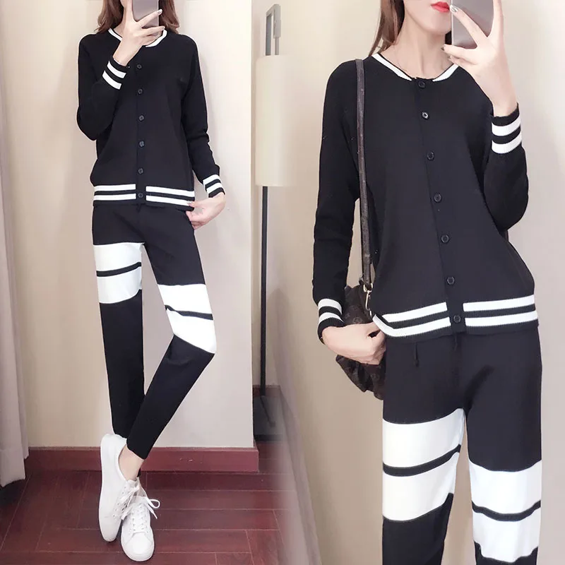 

New winter knitting two-piece casual suits women long sleeve sweater & wide-legged pants clothing set vestido lady outfit knit