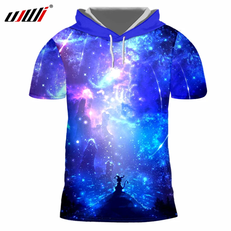 Мужская футболка с капюшоном UJWI голубая Повседневная 3D принтом Галактики