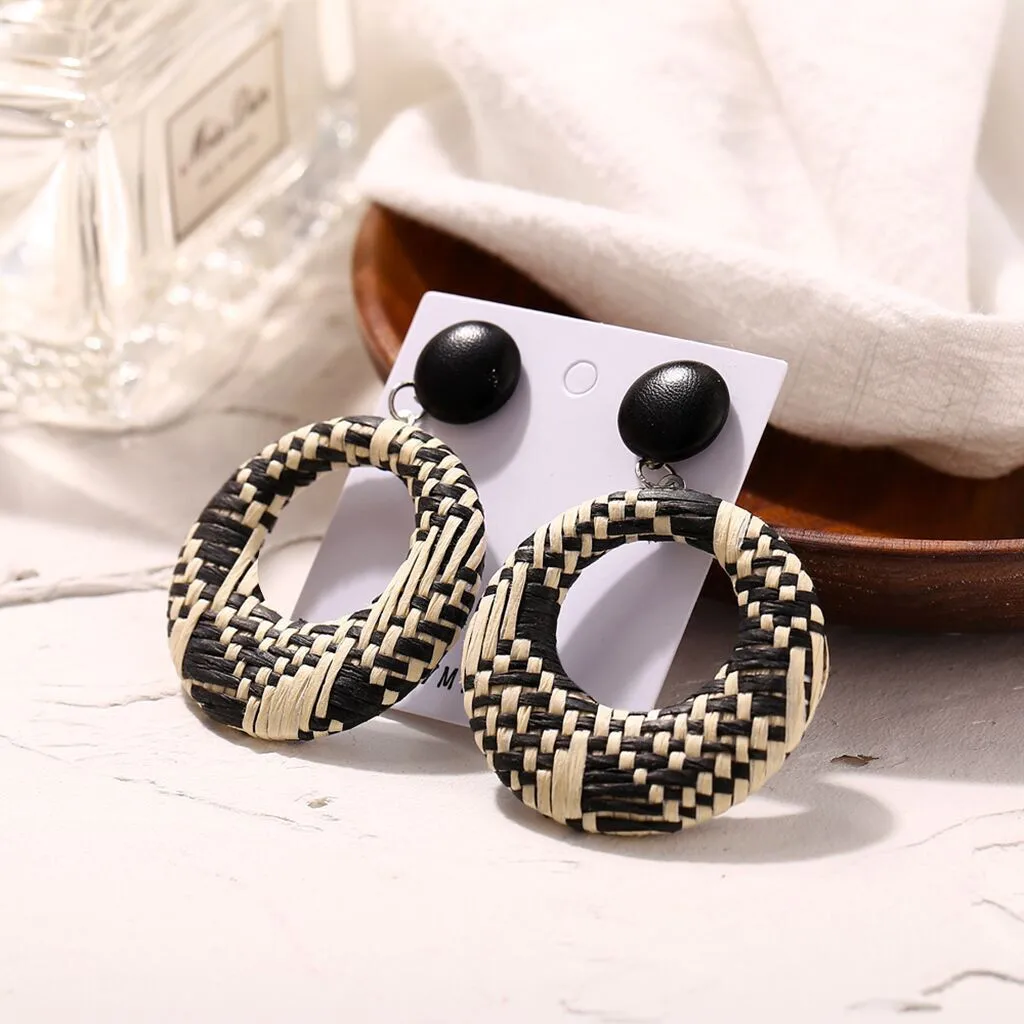 Женские Геометрические круглые серьги из бамбука и ротанга в богемном стиле