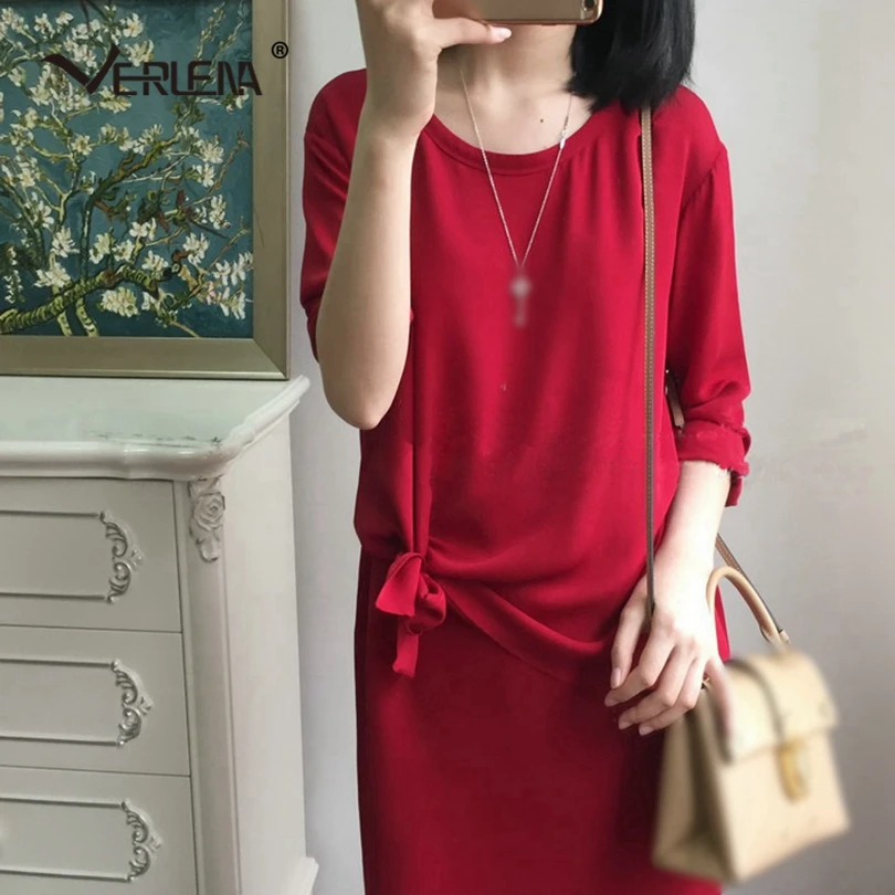 Женское платье с длинным рукавом Verlena красное 2 в 1 из 100% густого шелка о вырезом и
