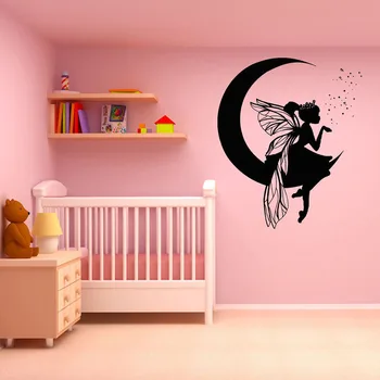 Moon Elf Girl Wall Decals Baby Room Nursery Home Decor Vinyl Wall Sticker Fairy Magic Cute Girls Wallpaper S265