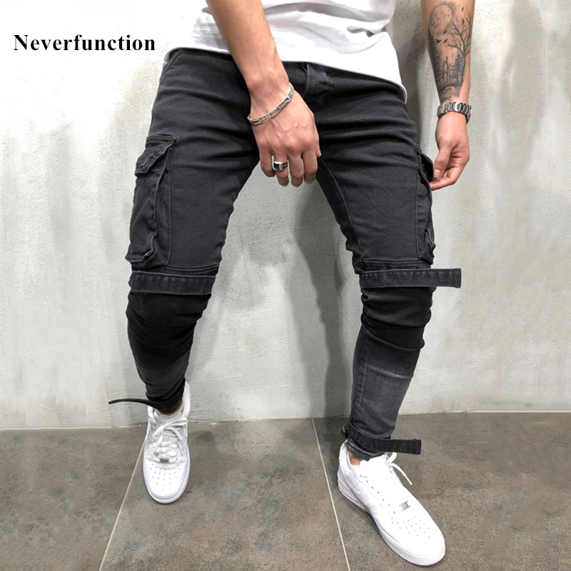 

Streetwear Hip hop Swag Man Multi-pocket Bandage Cargo Skinny Biker Jeans Distressed Motorcycle for Men Slim Joggers Denim Pants