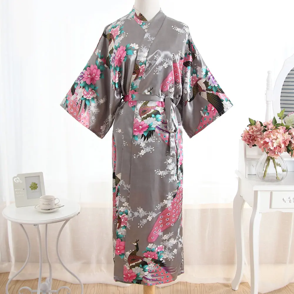 

Black Summer Women's Kimono Long Robe Bathrobe Nightwear Pyjamas Female Faux Silk Bath Gown Nightgown Mujer Pijama One Size 036