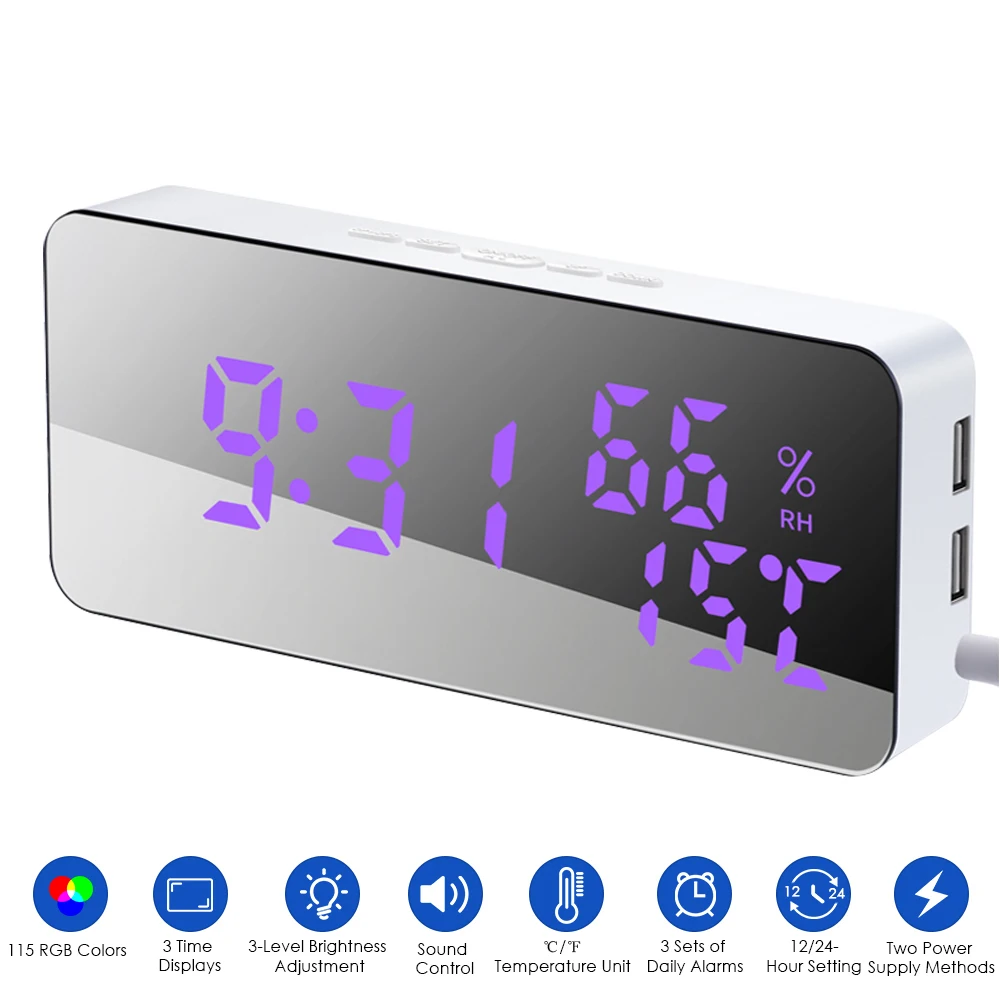 Цифровой зеркальный Будильник USB/источник питания от аккумулятора светодиодные