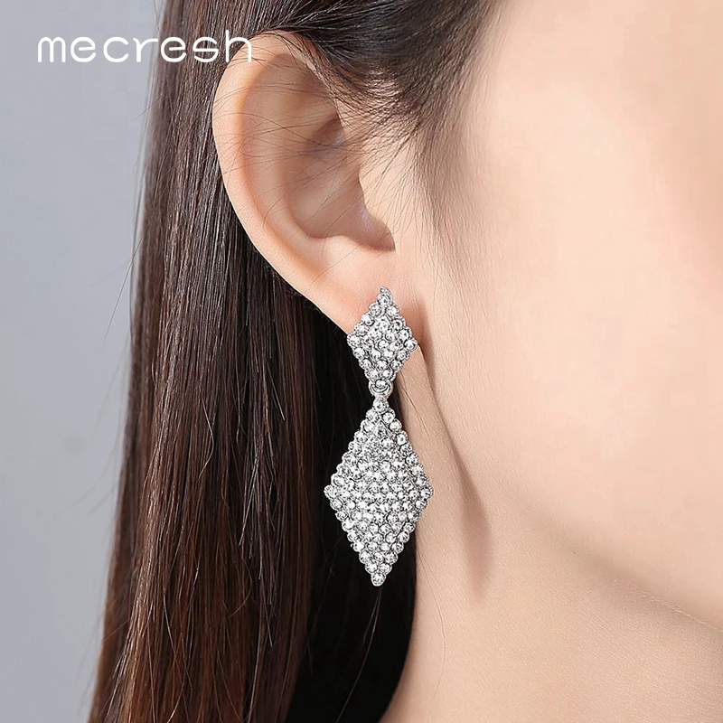 Mecresh Silver Color Rhinestone Geometric Dangle Earrings for Women Cute Crystal Bridal Wedding Party Jewelry MEH1086 | Украшения и