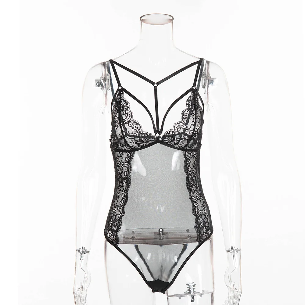 Sexy Lace Bodysuit Bandage Deep V Strap Perspective Rompers Women Jumpsuit Playsuit Combinaison Femme Jumpsuits