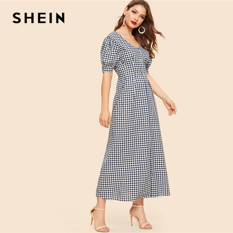 SHEIN Платье С Оригинальным Рукавом И Пуговицами, Макси Платье В Клетку, Летнее Хлопковое Макси Платье