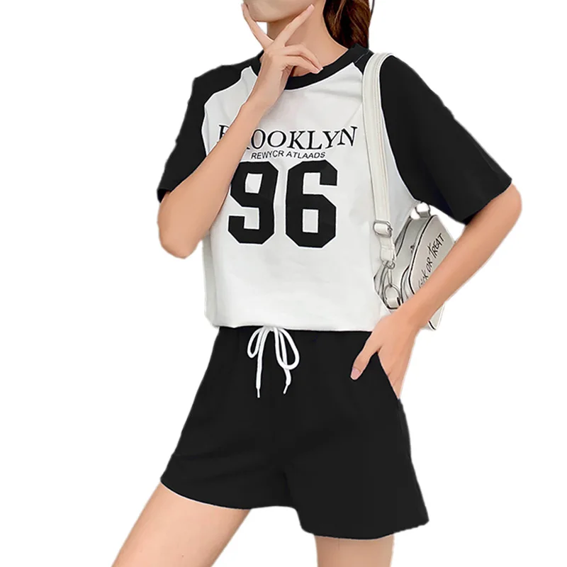 Korean 2 Piece Set Women Summer For Loose BROOKLYN 96 Letter Print T-Shirt And Elastic Hot Shorts Clothing | Женская одежда