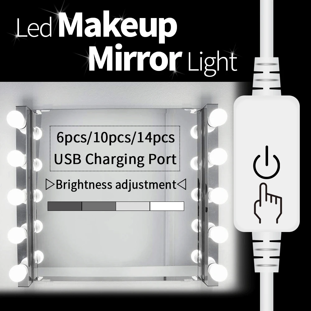 

2019 Makeup Mirror Lamp USB LED 6 10 14 Bulbs Kit For Dressing Table Stepless Dimmable Hollywood Vanity Mirror Light 12W 16W 20W