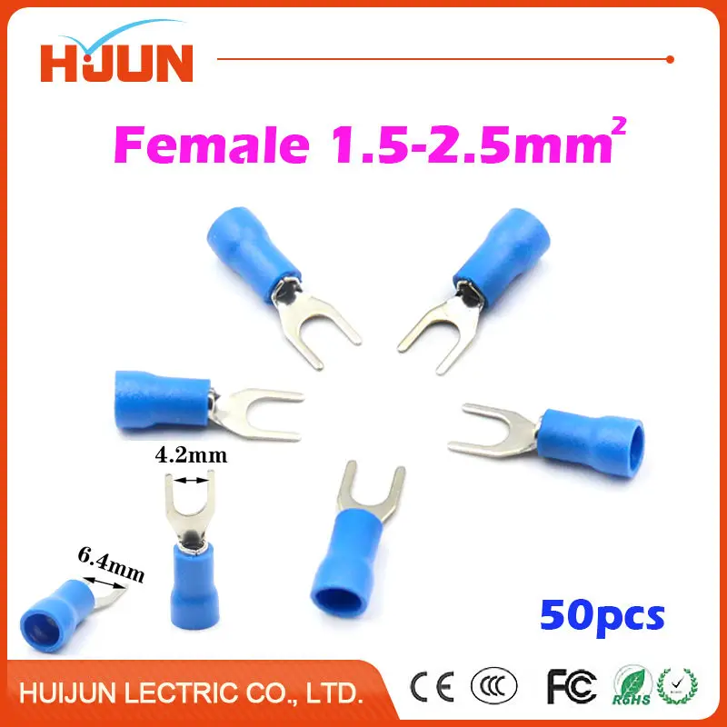 

50pcs/lot SV2-4 Insulated Fork Wire Splice Connector Copper Electrical Cable Crimp Spade Terminal Cold Pressing for 1.5-2.5mm2