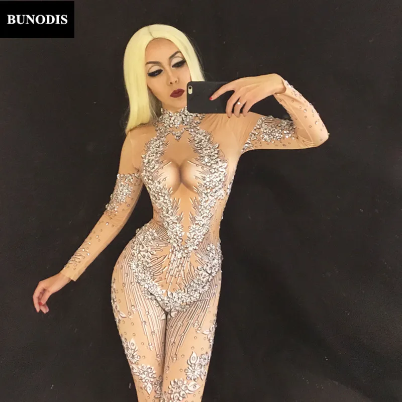 ZD086 White 3D Printing Sexy Sparkling Crystals Jumpsuit Bling Bodysuit Nightclub Birthday Party Performance Stage Wear Costume