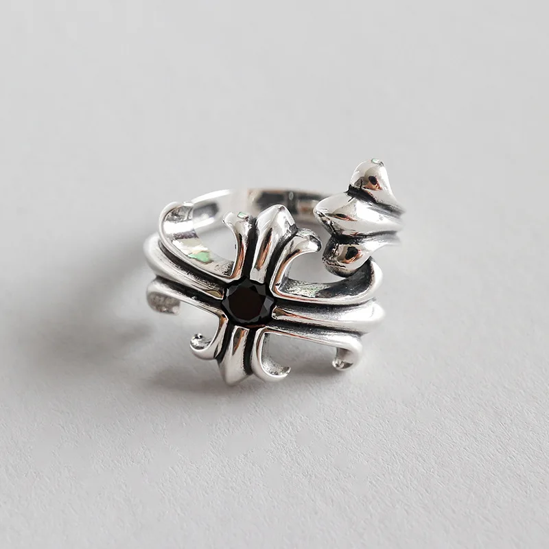 

WYJZY Personality vintage black zircon cross flower sterling silver opening ring for women size adjustment range US 5-7